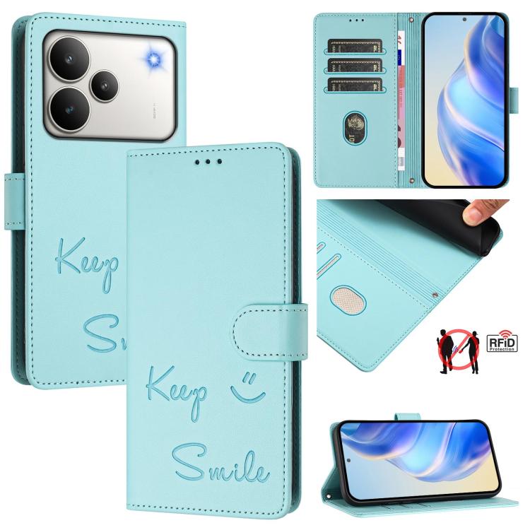 Smile Embossing RFID Leather Phone Case, For Realme P4x 5G / OnePlus Nord CE6 Lite, For Realme 16T 5G Global, For Realme C100 5G, For Realme P4 Power 5G, For Realme Note 80 4G Global, For Realme C83 5G India, For Realme 16 5G Global                    ...