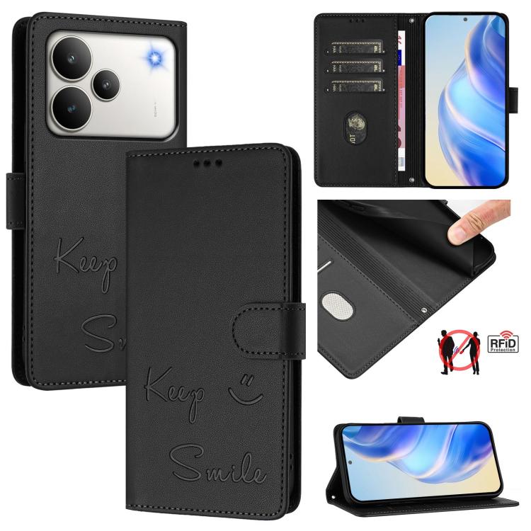 Smile Embossing RFID Leather Phone Case, For Realme P4x 5G / OnePlus Nord CE6 Lite, For Realme 16T 5G Global, For Realme C100 5G, For Realme P4 Power 5G, For Realme Note 80 4G Global, For Realme C83 5G India, For Realme 16 5G Global                    ...