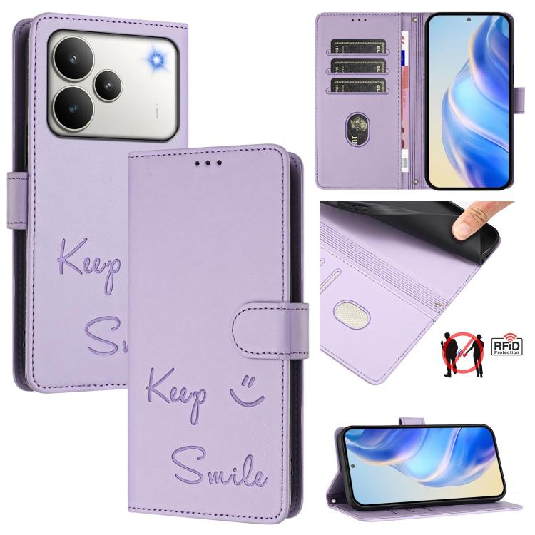 Smile Embossing RFID Leather Phone Case, For Realme P4x 5G / OnePlus Nord CE6 Lite, For Realme 16T 5G Global, For Realme C100 5G, For Realme P4 Power 5G, For Realme Note 80 4G Global, For Realme C83 5G India, For Realme 16 5G Global                    ...