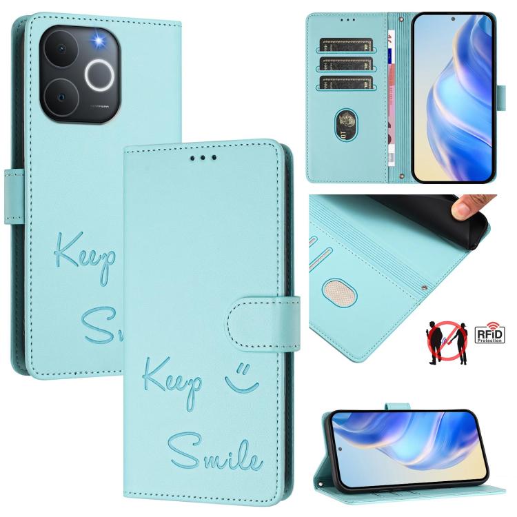 Smile Embossing RFID Leather Phone Case, For Realme P4x 5G / OnePlus Nord CE6 Lite, For Realme 16T 5G Global, For Realme C100 5G, For Realme P4 Power 5G, For Realme Note 80 4G Global, For Realme C83 5G India, For Realme 16 5G Global                    ...