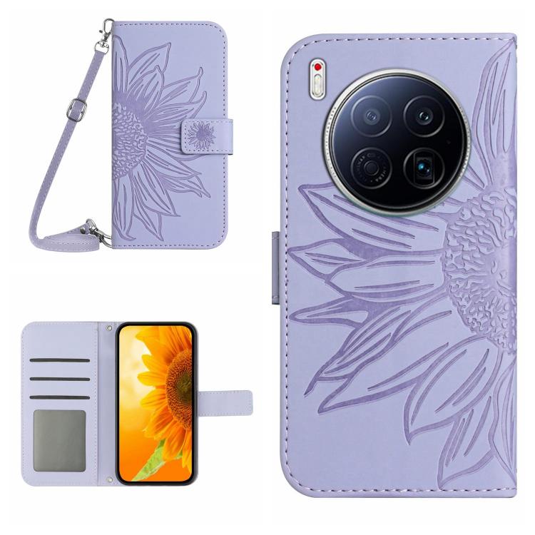 Skin Feel Sun Flower Embossed Flip Leather Phone Case with Lanyard