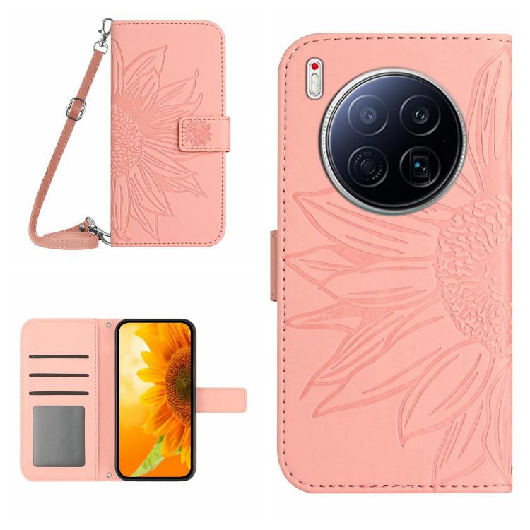 Skin Feel Sun Flower Embossed Flip Leather Phone Case with Lanyard