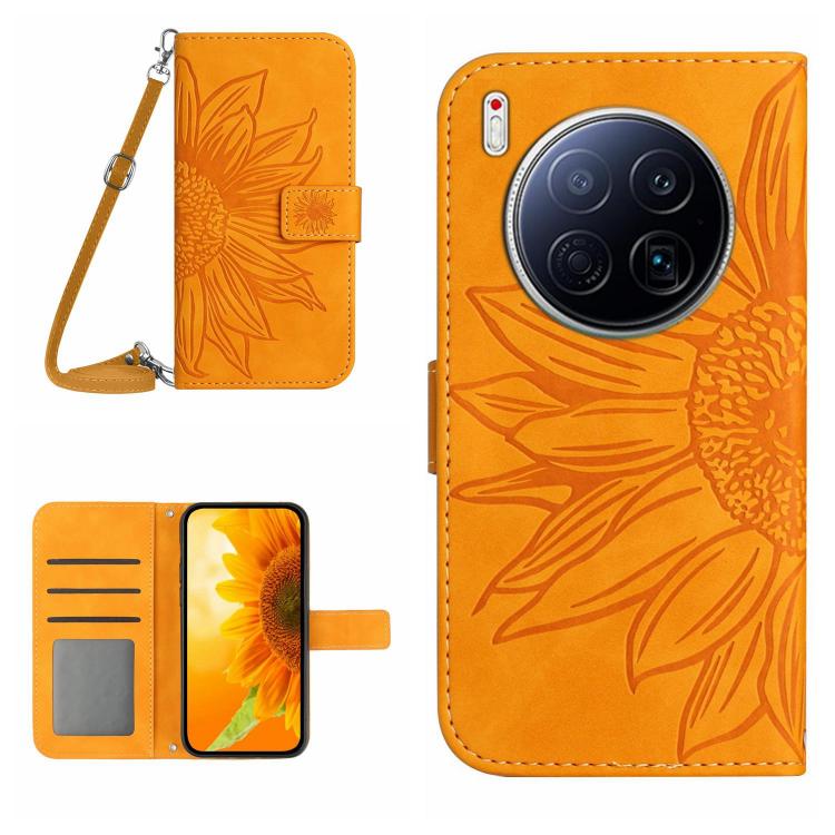 Skin Feel Sun Flower Embossed Flip Leather Phone Case with Lanyard