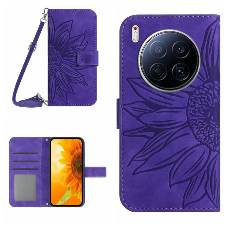 Skin Feel Sun Flower Embossed Flip Leather Phone Case with Lanyard