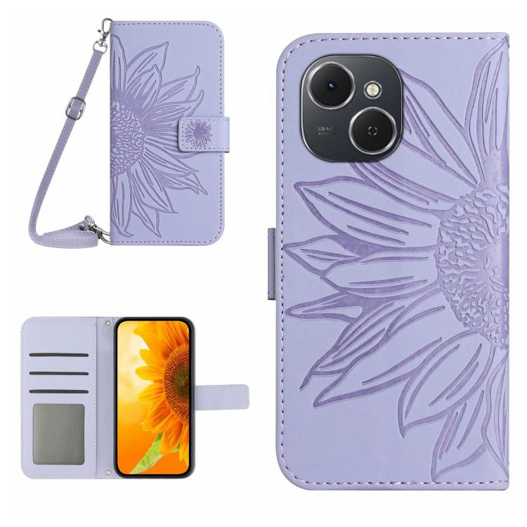 Skin Feel Sun Flower Embossed Flip Leather Phone Case with Lanyard