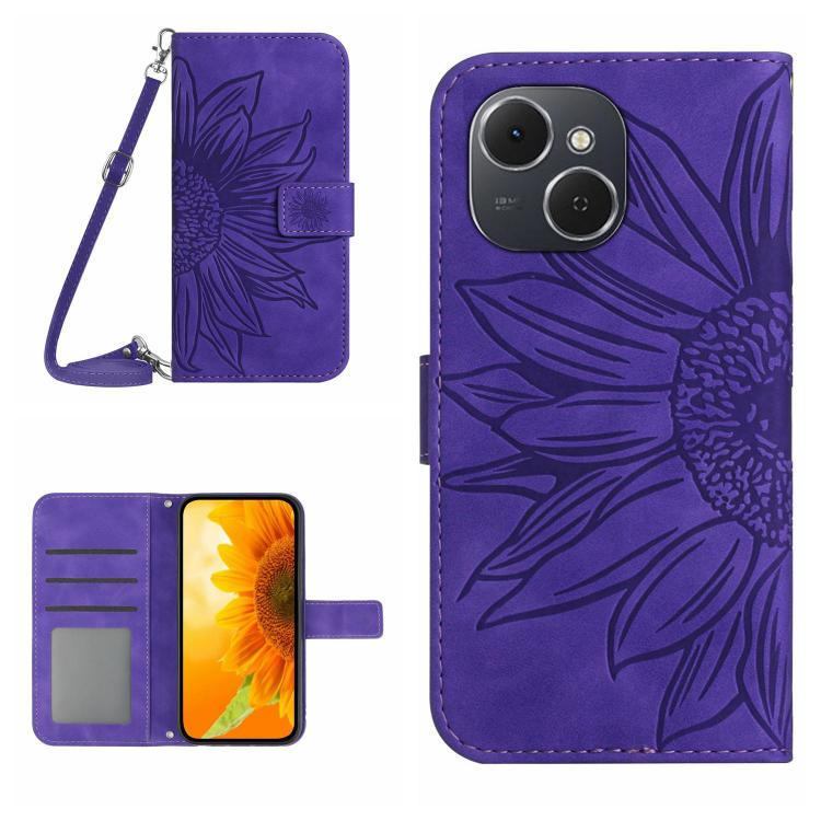 Skin Feel Sun Flower Embossed Flip Leather Phone Case with Lanyard