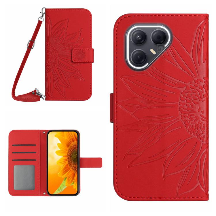 Skin Feel Sun Flower Embossed Flip Leather Phone Case with Lanyard