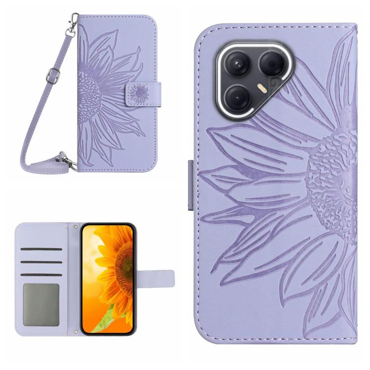 Skin Feel Sun Flower Embossed Flip Leather Phone Case with Lanyard