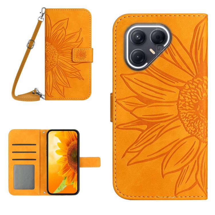 Skin Feel Sun Flower Embossed Flip Leather Phone Case with Lanyard