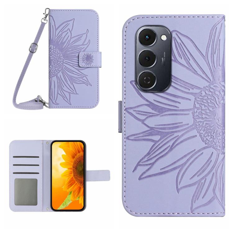 Skin Feel Sun Flower Embossed Flip Leather Phone Case with Lanyard
