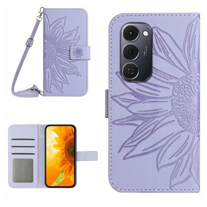 Skin Feel Sun Flower Embossed Flip Leather Phone Case with Lanyard