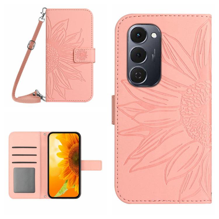Skin Feel Sun Flower Embossed Flip Leather Phone Case with Lanyard