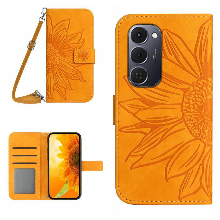 Skin Feel Sun Flower Embossed Flip Leather Phone Case with Lanyard