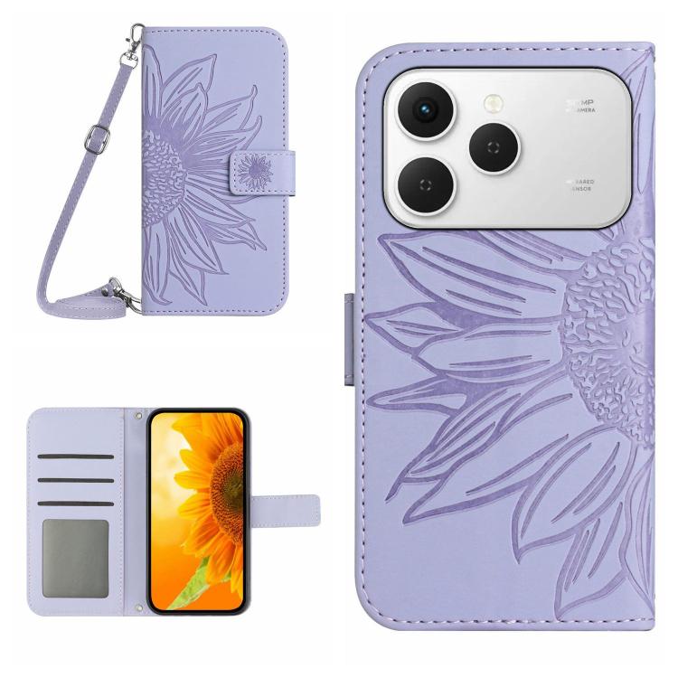 Skin Feel Sun Flower Embossed Flip Leather Phone Case with Lanyard