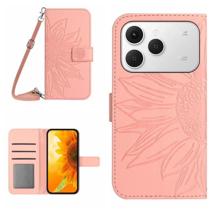 Skin Feel Sun Flower Embossed Flip Leather Phone Case with Lanyard