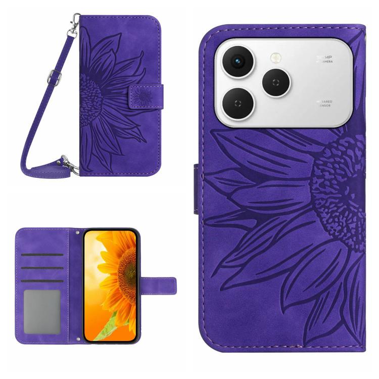 Skin Feel Sun Flower Embossed Flip Leather Phone Case with Lanyard