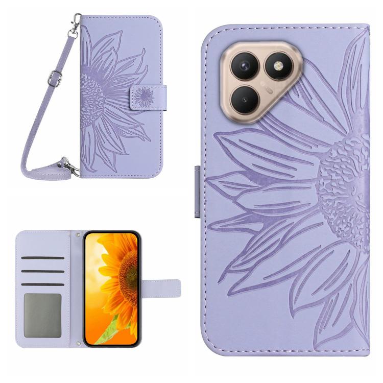 Skin Feel Sun Flower Embossed Flip Leather Phone Case with Lanyard