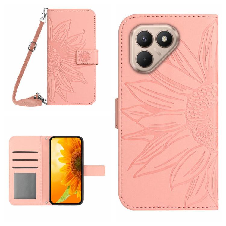 Skin Feel Sun Flower Embossed Flip Leather Phone Case with Lanyard