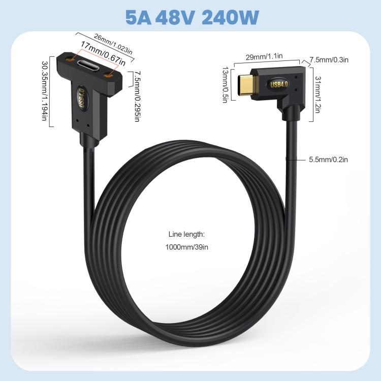 240W Type-C Male Elbow to Type-C Female Screw Fixed Panel Extension Cable with Ear, 0.3m, 0.6m, 1m, 1.8m