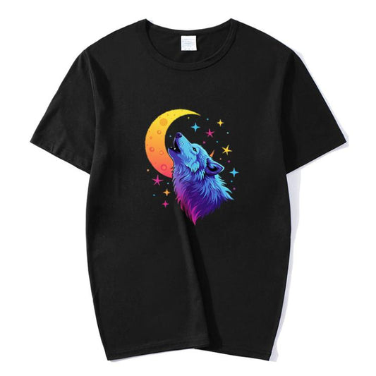 T-shirt à manches courtes en modal, col rond, imprimé Loup de la Lune. Impression à la demande. Tailles : S, M, L, XL, XXL, XXXL, XXXXL, XXXXXL
