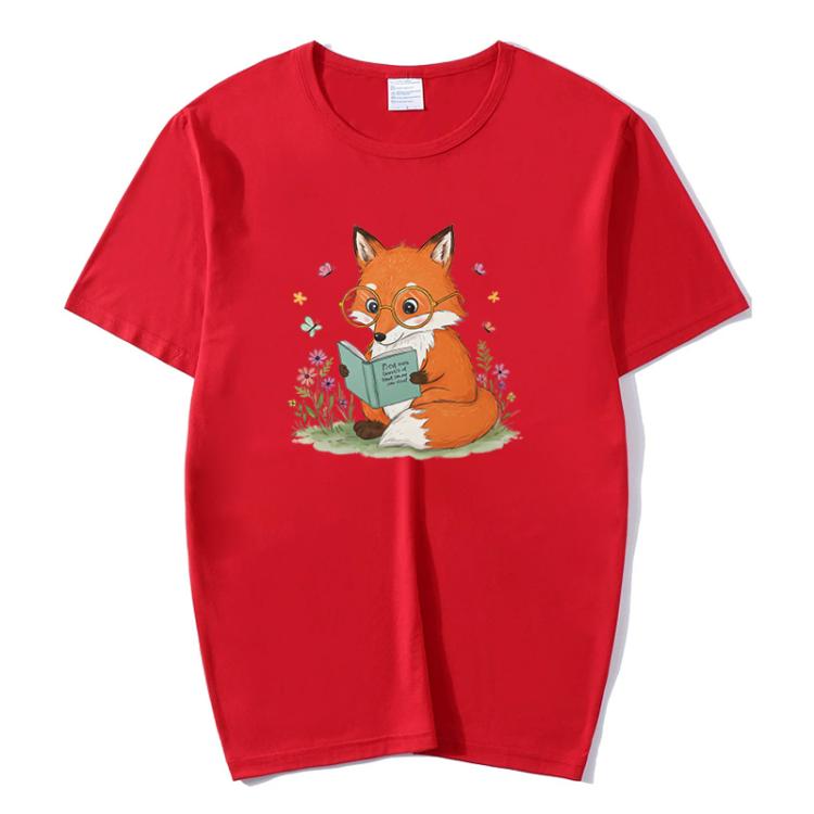 Reading Fox Printed Round Neck Modal Short Sleeve T-shirt Print On Your Demand, S, M, L, XL, XXL, XXXL, XXXXL, XXXXXL