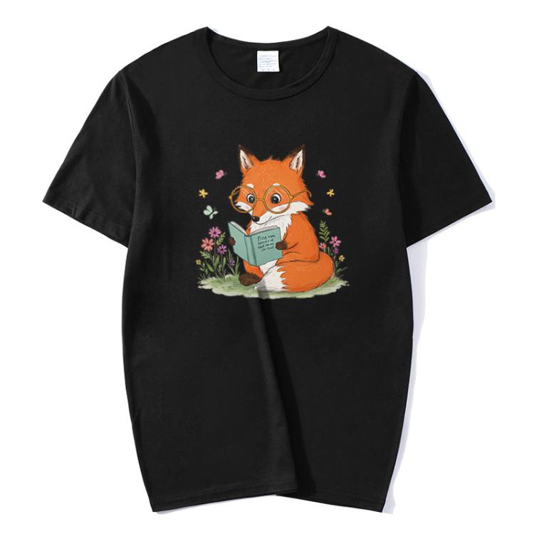 Reading Fox Printed Round Neck Modal Short Sleeve T-shirt Print On Your Demand, S, M, L, XL, XXL, XXXL, XXXXL, XXXXXL