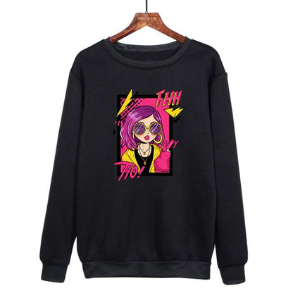 Purple Hair Girl Printed Casual Loose Round Neck Sweatshirt Print On Your Demand, XS, S, M, L, XL, XXL, XXXL