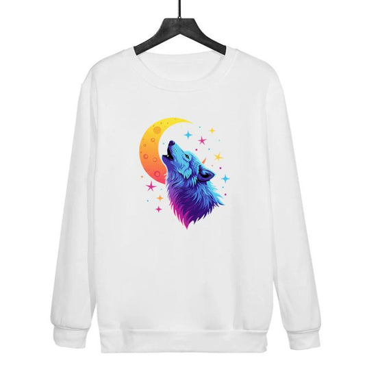 سويت شيرت فضفاض بياقة دائرية مطبوع عليه صورة ذئب القمر، متوفر بمقاسات XS، S، M، L، XL، XXL، XXXL