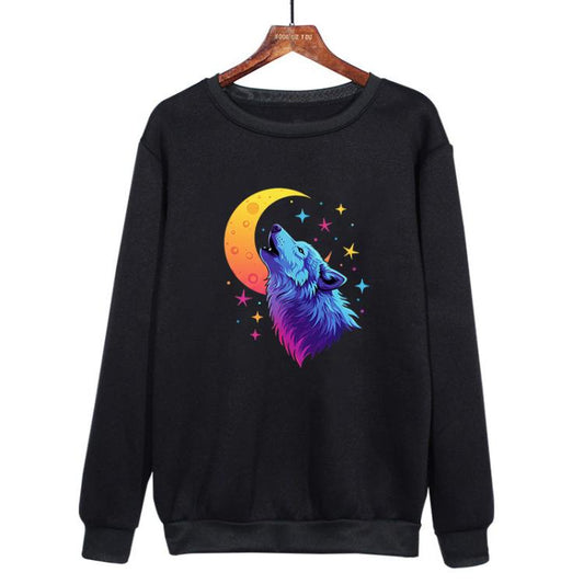 سويت شيرت فضفاض بياقة دائرية مطبوع عليه صورة ذئب القمر، متوفر بمقاسات XS، S، M، L، XL، XXL، XXXL