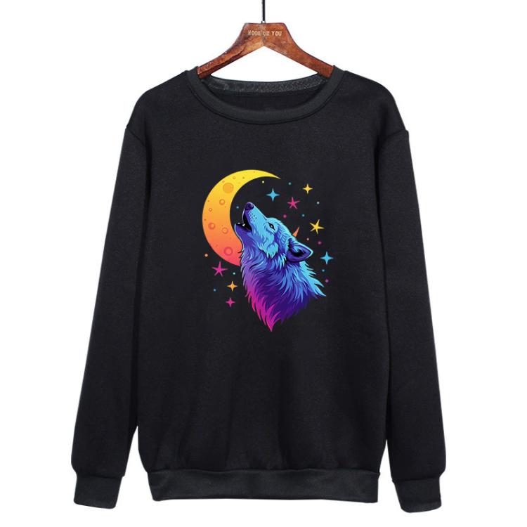 Moon Wolf Printed Casual Loose Round Neck Sweatshirt Print On Your Demand, XS, S, M, L, XL, XXL, XXXL