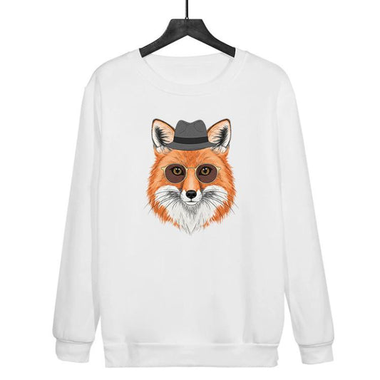 سويت شيرت رجالي فضفاض بياقة دائرية مطبوع عليه صورة ثعلب، متوفر بمقاسات XS، S، M، L، XL، XXL، XXXL