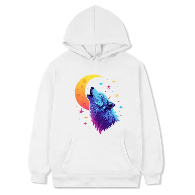 Moon Wolf Printed Fleece Hooded Sweatshirt Print On Your Demand, XS, S, M, L, XL, XXL, XXXL