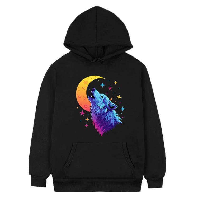 Moon Wolf Printed Fleece Hooded Sweatshirt Print On Your Demand, XS, S, M, L, XL, XXL, XXXL