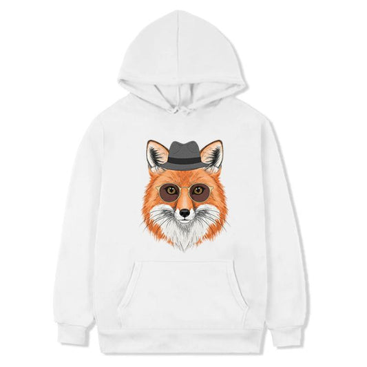 سويت شيرت بغطاء رأس من الصوف مطبوع عليه صورة ثعلب، متوفر بمقاسات XS، S، M، L، XL، XXL، XXXL