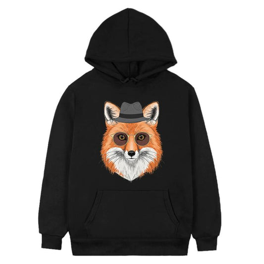 سويت شيرت بغطاء رأس من الصوف مطبوع عليه صورة ثعلب، متوفر بمقاسات XS، S، M، L، XL، XXL، XXXL