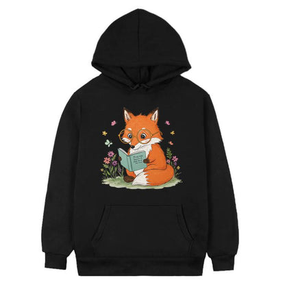 Reading Fox Printed Fleece Hooded Sweatshirt Print On Your Demand, XS, S, M, L, XL, XXL, XXXL