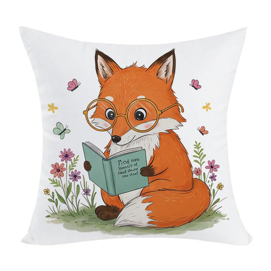 غطاء وسادة أريكة مطبوع عليه صورة ثعلب يقرأ، بدون قلب، طباعة حسب الطلب، 35×35 سم، 40×40 سم، 45×45 سم، 50×50 سم، 60×60 سم