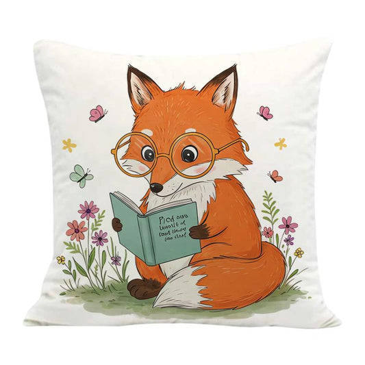 غطاء وسادة أريكة مطبوع عليه صورة ثعلب يقرأ، بدون قلب، طباعة حسب الطلب، 35×35 سم، 40×40 سم، 45×45 سم، 50×50 سم، 60×60 سم