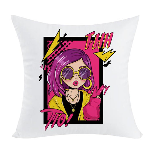 وسادة أريكة مطبوعة عليها صورة فتاة بشعر بنفسجي، مع طباعة مركزية حسب الطلب، متوفرة بأحجام 35×35 سم، 40×40 سم، 45×45 سم، 50×50 سم، 60×60 سم