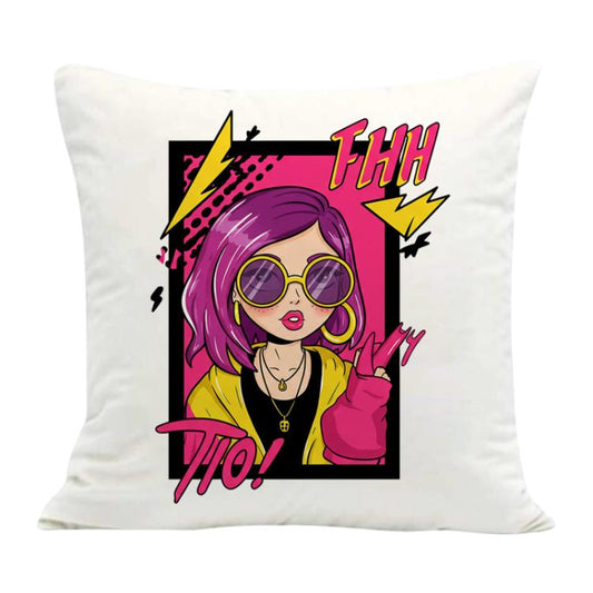 وسادة أريكة مطبوعة عليها صورة فتاة بشعر بنفسجي، مع طباعة مركزية حسب الطلب، متوفرة بأحجام 35×35 سم، 40×40 سم، 45×45 سم، 50×50 سم، 60×60 سم