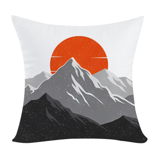 وسادة أريكة مطبوعة بنقشة شروق الشمس والجبال، مع إمكانية طباعة التصميم حسب الطلب، متوفرة بأحجام 35×35 سم، 40×40 سم، 45×45 سم، 50×50 سم، 60×60 سم