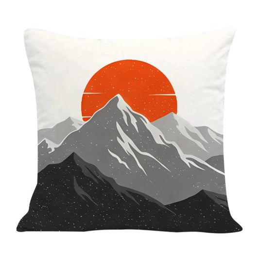 وسادة أريكة مطبوعة بنقشة شروق الشمس والجبال، مع إمكانية طباعة التصميم حسب الطلب، متوفرة بأحجام 35×35 سم، 40×40 سم، 45×45 سم، 50×50 سم، 60×60 سم