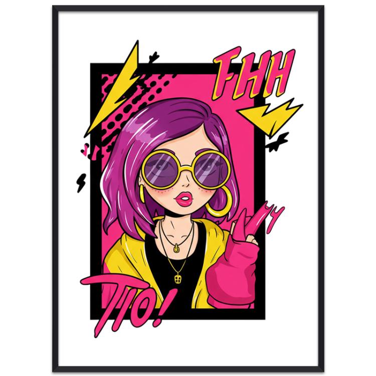 Purple Hair Girl Decorative Painting with PS Frame Print On Your Demand, 15x20cm, 20x20cm, 30x30cm, 40x40cm, 50x50cm, 60x60cm, 70x70cm, 80x80cm, 90x90cm
