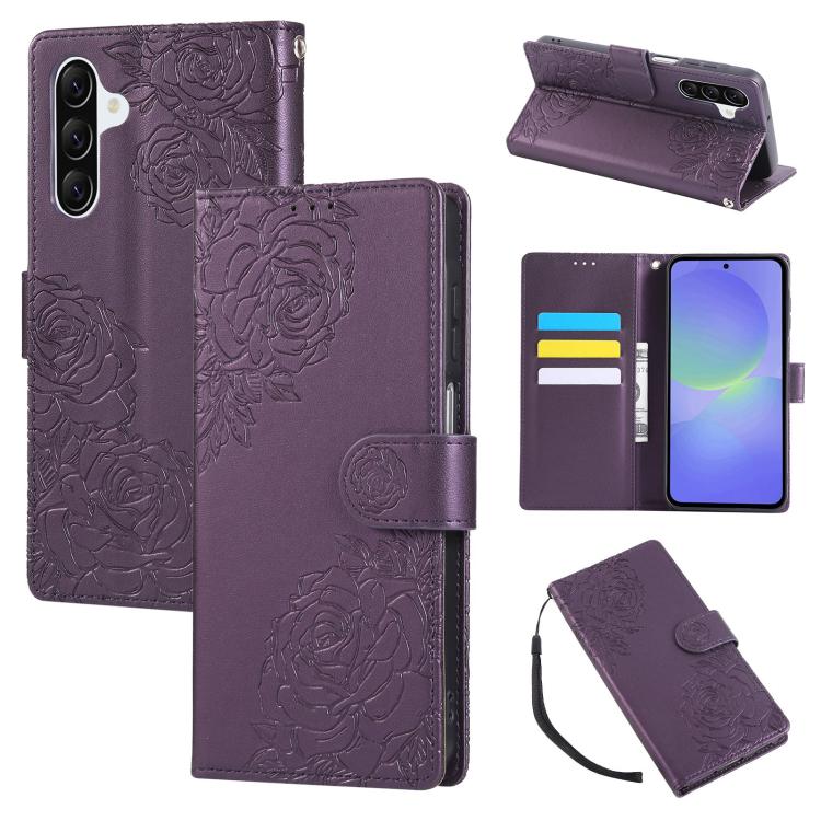 Rose Flower Embossed 3-Card Slots Leather Phone Case, For Samsung Galaxy A07 4G / 5G, For Samsung Galaxy A17 5G, For Samsung Galaxy A06, For Samsung Galaxy A56 5G, For Samsung Galaxy A26 5G, For Samsung Galaxy A36 5G, For Samsung Galaxy A16 5G���������...
