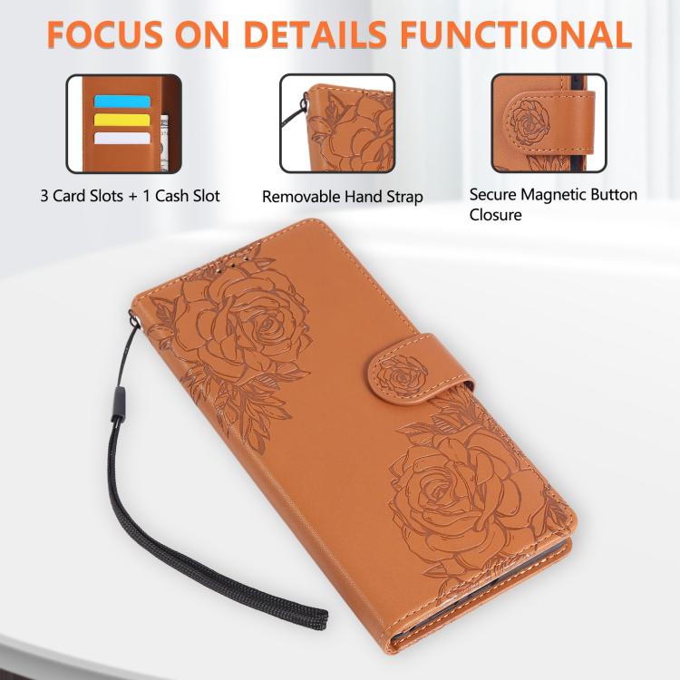 Rose Flower Embossed 3-Card Slots Leather Phone Case, For Galaxy A08 / A07 4G / 5G, For Galaxy A18 / A17 4G / 5G, For Samsung Galaxy A57 5G, For Samsung Galaxy A37 5G / A36 5G, For Samsung Galaxy A06, For Samsung Galaxy A56 5G, For Samsung Galaxy A26 5...