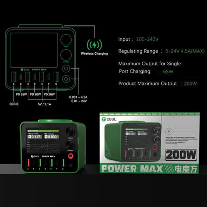 2UUL PC01 POWER MAX 200W Multi-Port Charger Adjustable Voltage Power Supply, US Plug, EU Plug
