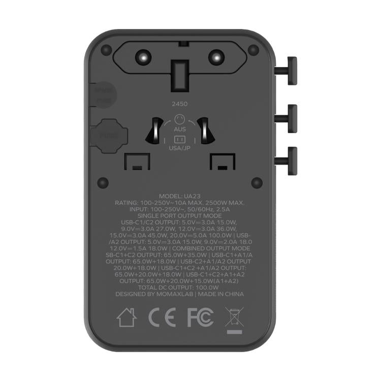 MOMAX UA23 1-World 2 4-Port Mini Universal Travel GaN Charger 100W with Dual AC, UA23D