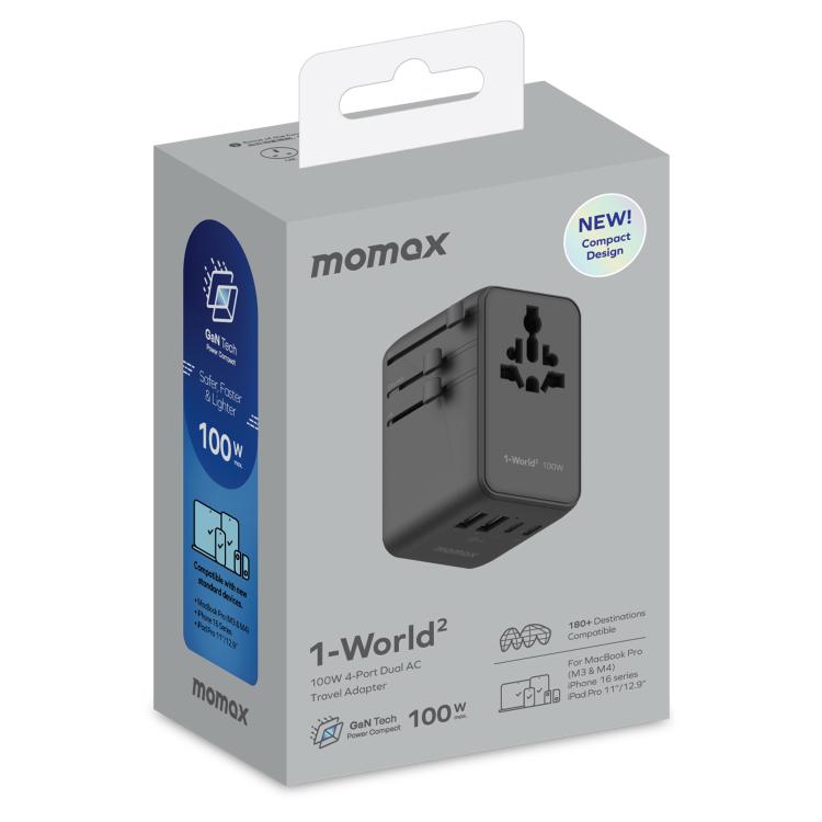 MOMAX UA23 1-World 2 4-Port Mini Universal Travel GaN Charger 100W with Dual AC, UA23D, UA23L