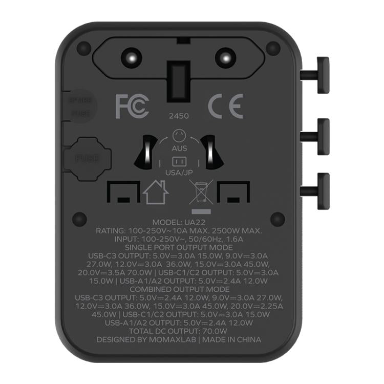 MOMAX UA22 1-World2 70W Dual AC Mini GaN Global Travel Fast Charging Socket, UA22(Black), UA22(Desert Gold)