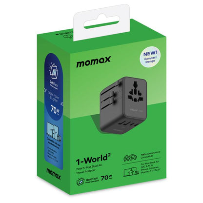 MOMAX UA22 1-World2 70W Dual AC Mini GaN Global Travel Fast Charging Socket, UA22(Black), UA22(Desert Gold)